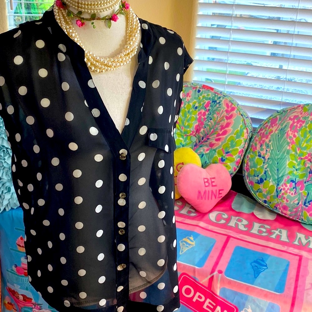 Hurley sheer,black chiffon top with white polka dots in black